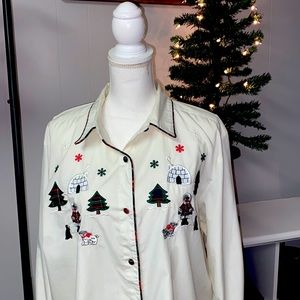 Vintage Alfred Dunner Christmas plaid Eskimo embroidered buttonup blouse size 16